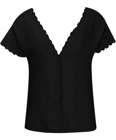 Women's Black V Neck Button Down Blouse with Lace Trim Backless Detail | Cap Sleeve Tunic Shirt - Buy Online on SooperMarket.com