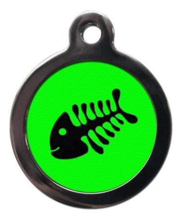 PS Pet Tags - Cute Cat ID Tags - Bright Green Fishbone Design - Zinc Alloy Metal - Small (24mm) Personalised On Reverse - Cat Name Address Identity Tag - Made in UK