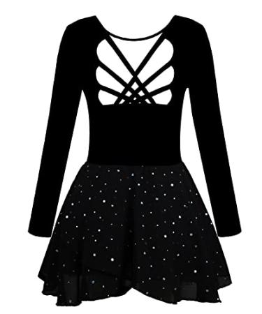 Y-Childheart Girls Shiny Tank Ballet Leotards with Skirt Butterfly Criss-Cross Back Dance Dresses for 4-9 Years Black2 - Long Sleeve 6-7 Years