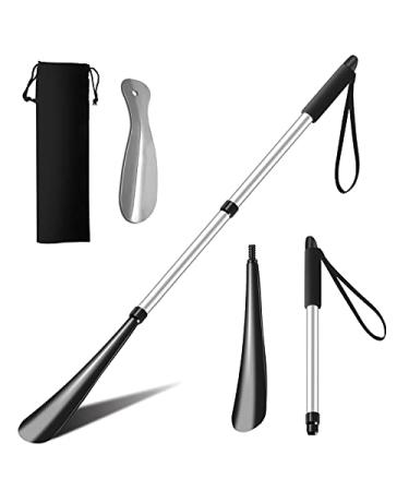 2 PCS Shoe Horn Long Handle For Seniors, 32" Telescopic Long Shoe Horns and 6.5" Metal Short Shoe Horn for Men Women Seniors Silver