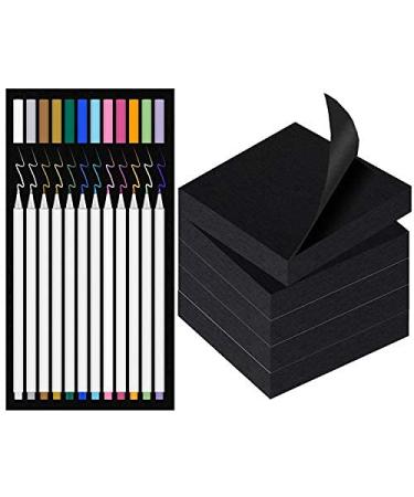 Black Sticky Notes and Gel Pens for Black Paper | 12 Metallic Pens for Black Paper, Including White Gel Pen, Gold and Silver | 3x3 Unique Sticky Notes 500ct | Gel Pens and Black Sticky Notes Black Sticky Notes & Gel Pens