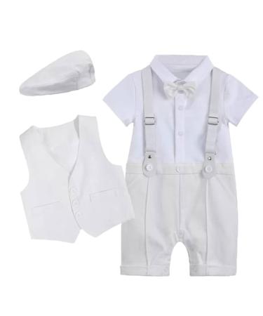 Baby Boy Gentlemen Romper Suits Infant Baby Boys' Christening Gowns Clothing Baptism Jumpsuit Bow Tie Waistcoat with Hat Birthday Wedding Outfits White 6-12 Months
