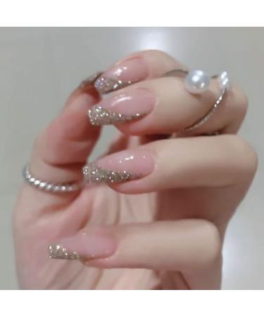 RikView Press on Nails Medium Length Coffin Fake Nails Pink Nails Glossy False Nails Full Cover Prom Nails with Glue Sticker