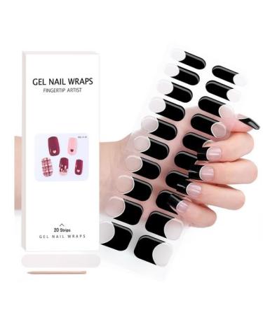 Semi Cured Gel Nails Strips - Nude Pink Gel Nail Stickers Nail Wraps Soft Self-Adhesive Gel Nail Strips for Nails French Tip (Black-French - BSS-0239)