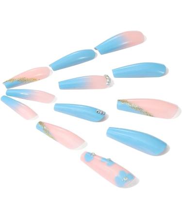 Brishow Coffin False Nails - Long Blue Flower Fake Nails | 24pcs Ballerina Acrylic Stick on Nails for Women and Girls - Buy Online on SooperMarket.com