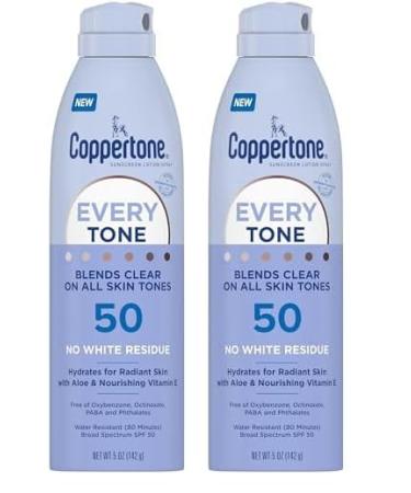 Coppertone Every Tone Sunscreen Spray SPF 50 Lightweight Rubs on Clear Sunscreen for All Skin Tones Formulated with Nourishing Vitamin E 5 Oz Bottle (Pack of 2)