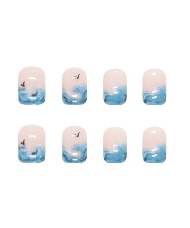 RikView French Tip Press on Nails - Short Square Blue Fake Nails with Waves Design for Women - Buy Online on SooperMarket.com