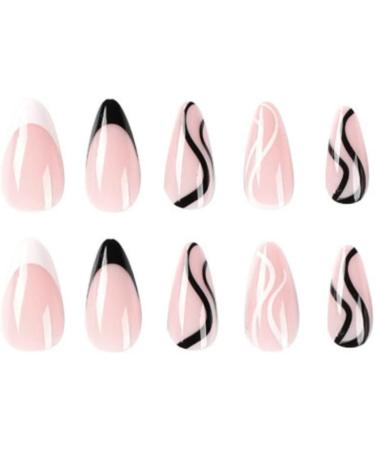 Justotry 24 Pcs Black and White Swirl Almond False Nails - Trendy French Press Design | Nail Glue Included - Oval Medium Stick on Nails for Women - Buy Online on SooperMarket.com