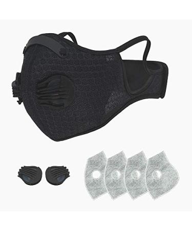 Battpit Adjustable Reusable Sports, Dust Face Mask with 4 Replaceable Carbon Activated Filters for Running, Cycling, Outdoor Activities (Black, 1 Mask + 4 Filters + 2 Breathing Valves)