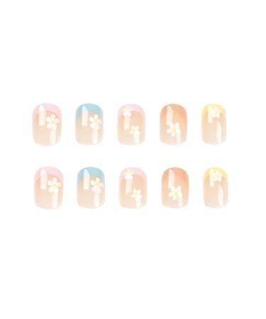 RikView French Tip Short Fake Nails with Flowers Design - Colorful Square Acrylic Press On Nails - Buy Online on SooperMarket.com