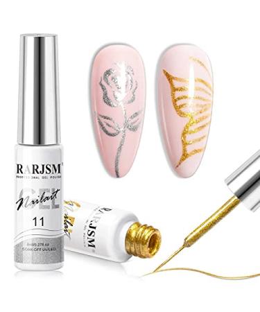 RARJSM Gel Liner Nail Art Silver Gold Glitter Nail Design Polish Painted Gel Nail Polish Set 2Pcs Soak off Curing Requires 8ml Build in Thin Brush for Home Salon Diy Nail Decoration Dotting Painting