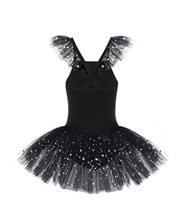 Zaclotre Girls Ballet Tutu Leotard Criss Cross Strap Back Flutter Sleeve Ballerina Outfit Sparkly Dance Dress for Toddler Black 8-9 Years