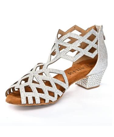 WUAILIM Women's Ballroom Rhinestone Dance Shoes, Latin Salsa Bachata Practice Performance Dancer Shoes 6 Glitter Silver-1.5 Inch-heels