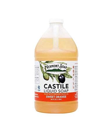 Vermont Pure Castile Soap Orange  Gentle Liquid Soap for Sensitive Skin & Natural Body Wash  Organic Hair Shampoo for Oily Hair  Aloe Castile Soap for Men & Women - 64 Oz Sweet Orange 64 Fl Oz (Pack of 1)