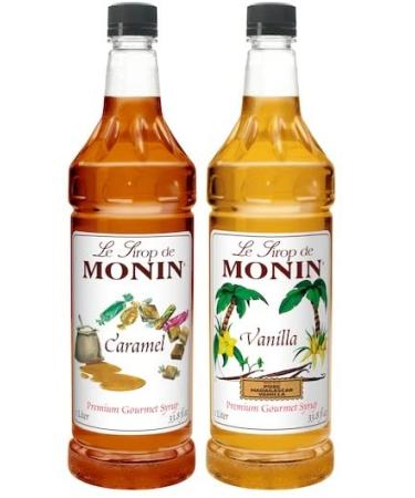 Monin Premium Syrup, Caramel and Vanilla, 33.8 Ounce (Pack of 2) - with Make Your Day Stirrer or Basting Brush