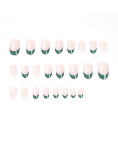 24Pc Short Glossy Almond Design Press on Nails - French Green False Nails Kit with Glue - Oval Green White Nail Tips - Buy Online on SooperMarket.com