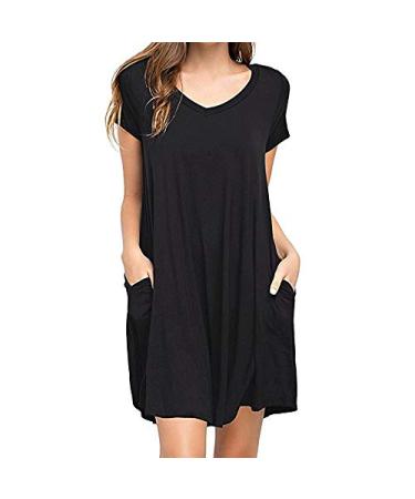 Women Summer Short Sleeve Ruffle Loose Swing Casual T Shirt Dress Black
