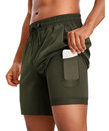 CRZ YOGA Men's 2 in 1 Running Shorts with Liner - 7''/9" Quick Dry Workout Sports Athletic Shorts with Pockets 7 inches Large Dark Olive