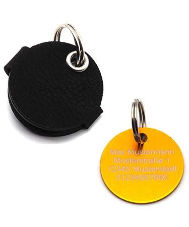 Copter farm dog brand bag for dogs on the collar |With engraving push button |Art leather real leather |Dog brand |individually engraved on both sides (black with brand yellow) black with brand yellow
