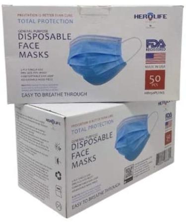 HERO LIFE 3 Ply Safety Disposable Face Masks Made in USA - Box of 50 - Fog Resistant Breathable Non-Woven Mouth Cover - Buy Online on SooperMarket.com