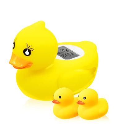 Baby Bath Thermometer Floating Toy, BabyElf Rubber Duck Thermometer for Infants, Water and Room Safty Thermometer for Bathtub Bath Pool, with Temperature Warning, 2 Extra Duck Toys