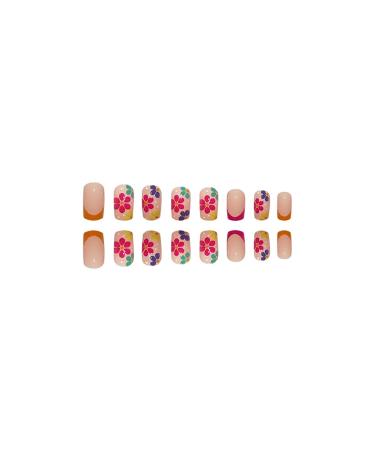 French Colored Flowers Short Square Fake Nails - 24 PCS, Glue on Nails for Women, Girls, Teens - with Glue Sticker and Nail File - Buy Online on SooperMarket.com