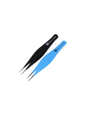 Abdul of Sialkot Fine Point Tweezers for Women and Men Splinter Ticks Facial or Brow and Ingrown Hair Removal -Sharp Stainless Steel Tweezers Precision Pluckers Pack of 2 (Black-Sky Blue)
