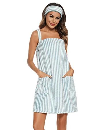 Veseacky Women Bath Wrap Towel for Shower with Pocket Adjustable Robe & Facial Headband S-3XL Green Stripe 3X-Large