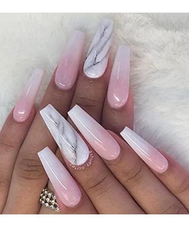 Brishow long nails to stick on pink artificial nail french press on nails with marble pattern gradient bellarina acrylic false nails fake nails 24pcs for women and girls