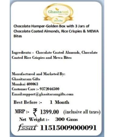Jaiccha Ghasitaram Chocolate Hamper- Box with 3 Jars of Chocolate Coated Almonds Rice Crispies and MEWA Bites |Gift for Diwali Holi Rakhi Valentine Christmas Birthday Anniversary Her Him| - Buy Online on SooperMarket.com