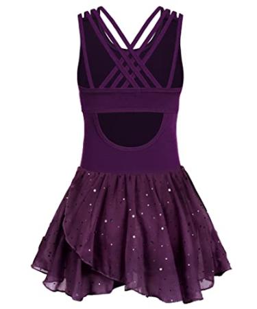 Zaclotre Gymnastics Leotards for Girls Criss Cross Strap Shiny Ballet Dance Dresses Hollow Back Skirted Ballerina Costume 6-7 Years Dark Purple