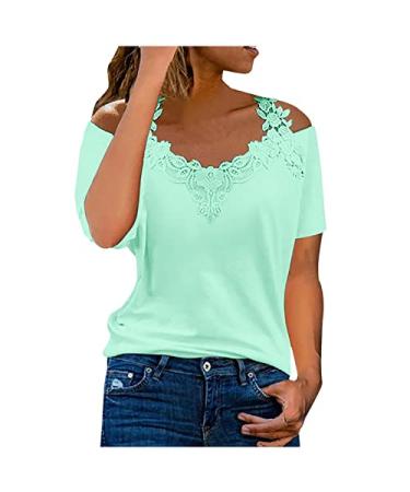 Lace Tops for Women Summer Casual Cold Shoulder V Neck T Shirts Trendy Floral Printed T-Shirts Blouse Business Casual Tops for Women - Green XX-Large