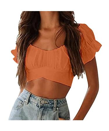 TUNUSKAT Womens Off The Shoulder Tops Pullover Trendy Cross Short Sleeve Blouse Solid Short Summer Tops Crop Tees Sexy Shirt Large 01_orange