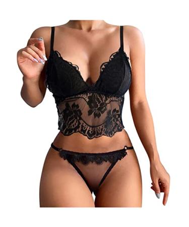 Dgoopd Sexy Lingerie for Women 2 Piece Set Lace Babydoll Bra and Panty Set Mesh See Through Lace Trim Slutty Underwrie Leslie11-black X-Large