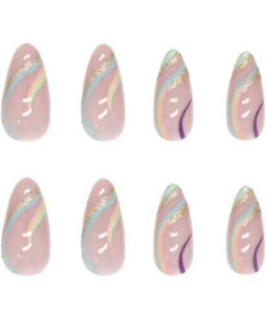 Rainbow Glitter Almond Short False Nails Set | 24 pcs French Press On | Multi Colour Fake Nails with Nail Glue | Pastel Oval Medium Stick On Nails for Women - Buy Online on SooperMarket.com