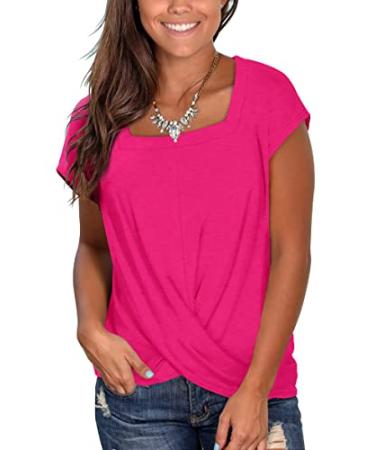 Jescakoo Womens Short Sleeve Summer Tops Square Neck Twist Front Casual T Shirts Loose Fit D-hot Pink X-Large