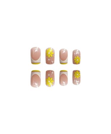 24Pcs Medium Square French Tip Yellow Flower Star Press on Nails | Acrylic False Nails for Women - Glossy Full Cover Design - Buy Online on SooperMarket.com