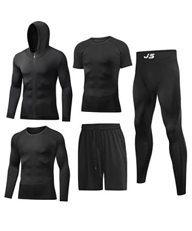 JULY'S SONG Men Compression Workout Set 5 PCS Dry Quick Shirt Pants Shorts Tights Jacket Clothes for Gym Black Large