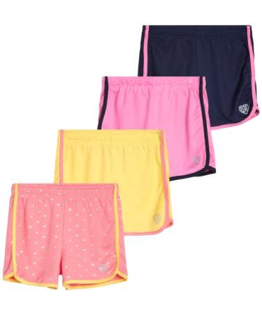 Body Glove Girls' Active Shorts - 4 Pack Mesh Athletic Performance Gym Dolphin Shorts (7-12) Coral/Yellow/Navy/Pink 7