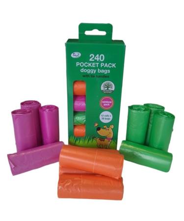 TidyZ 240 DOGGY BAGS WITH TIE HANDLES POCKET PACK RAINBOW COLOURS (12 rolls of 20 bags)