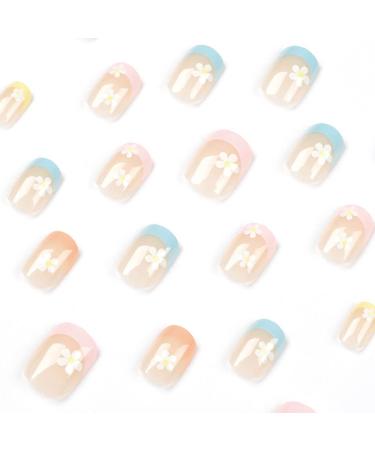RikView French Tip Short Fake Nails with Flowers Design - Colorful Square Acrylic Press On Nails - Buy Online on SooperMarket.com
