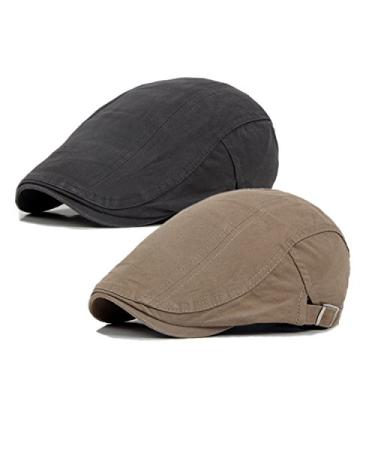 Qossi 2 Pack Newsboy Hats for Men Flat Cap Cotton Adjustable Breathable Irish Cabbie Ivy Driving Hunting Hat One Size A1-grey/Khaki