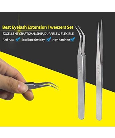 FEITA Pro Eyelash Extension Tweezer Set - Straight & Curved Pointy Precision Fine Tip Tweezers - Silver (2Pcs) - Buy Online on SooperMarket.com
