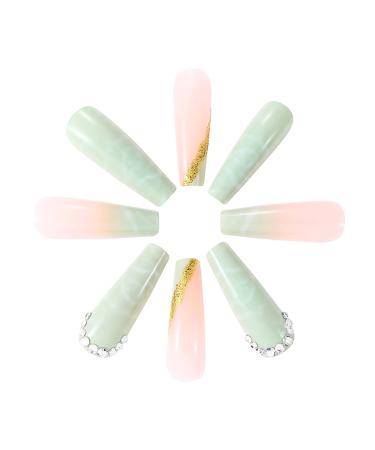 Brishow Coffin Artificial Nails - Long Pink Green Bellarina Acrylic Press-On Nails - 24pcs for Women & Girls | International Shipping - Buy Online on SooperMarket.com