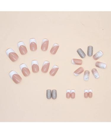 Medium French Glitter White Tip Press on Nails - 24Pcs | Glossy False Nails for Women - W325 - Buy Online on SooperMarket.com
