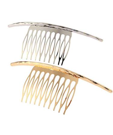 2Pcs French Twist 10 Teeths Comb Alloy Metal Bridal Wedding Hair Side Comb Headpiece Hair Jewellery Fashion Accessory for Women Girls, Gold and Silver