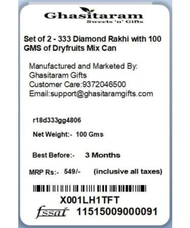Ghasitaram Gifts Rakhi for Brother Rakhis Online - Set of 2-333 Diamond Rakhi with 100 GMS of Dryfruits Mix Can 2 Rakhi with 100 gms of Dryfruits Mix Can - Buy Online on SooperMarket.com