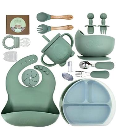 Baby Led Weaning Feeding Supplies for Toddlers odoe Baby Feeding Set | Suction Silicone Baby Bowl Self Eating Utensils Set with Spoons Bibs Toddlers Spoon Set Food Plate Kit (Green)