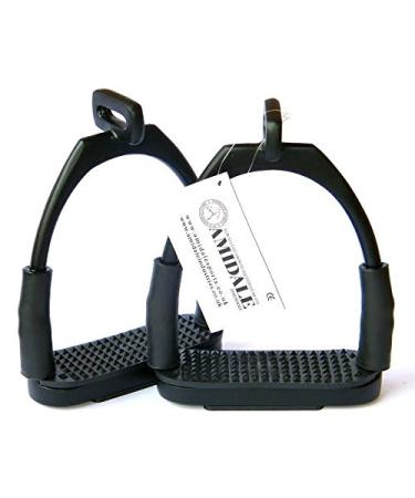 AMIDALE STIRRUPS OFFSET EYE FLEXI SAFETY STIRRUPS OPTIMUM LEG POSITION HORSE RIDING IRONS STAINLESS STEEL 4.75" BLACK