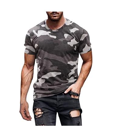 BEUU Soldier Short Sleeve T-Shirts for Mens, Summer Camo Crewneck T Shirt Athletic Muscle Workout Camouflage Tee Tops 125- Gray X-Large